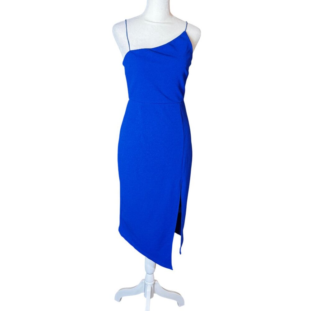 Hello Molly Cobalt Blue Asymmetrical Midi Dress Size 6 | One-Shoulder Slit Hem